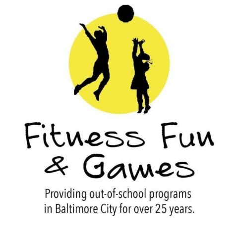 Logo for Fitness Fun & Games. A silhouette of two children playing basketball in front of a yellow circle.