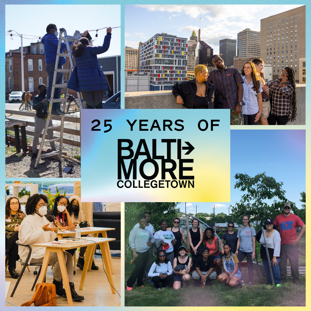 Graphic image that says 25 years of Baltimore Collegetown and features 4 photos