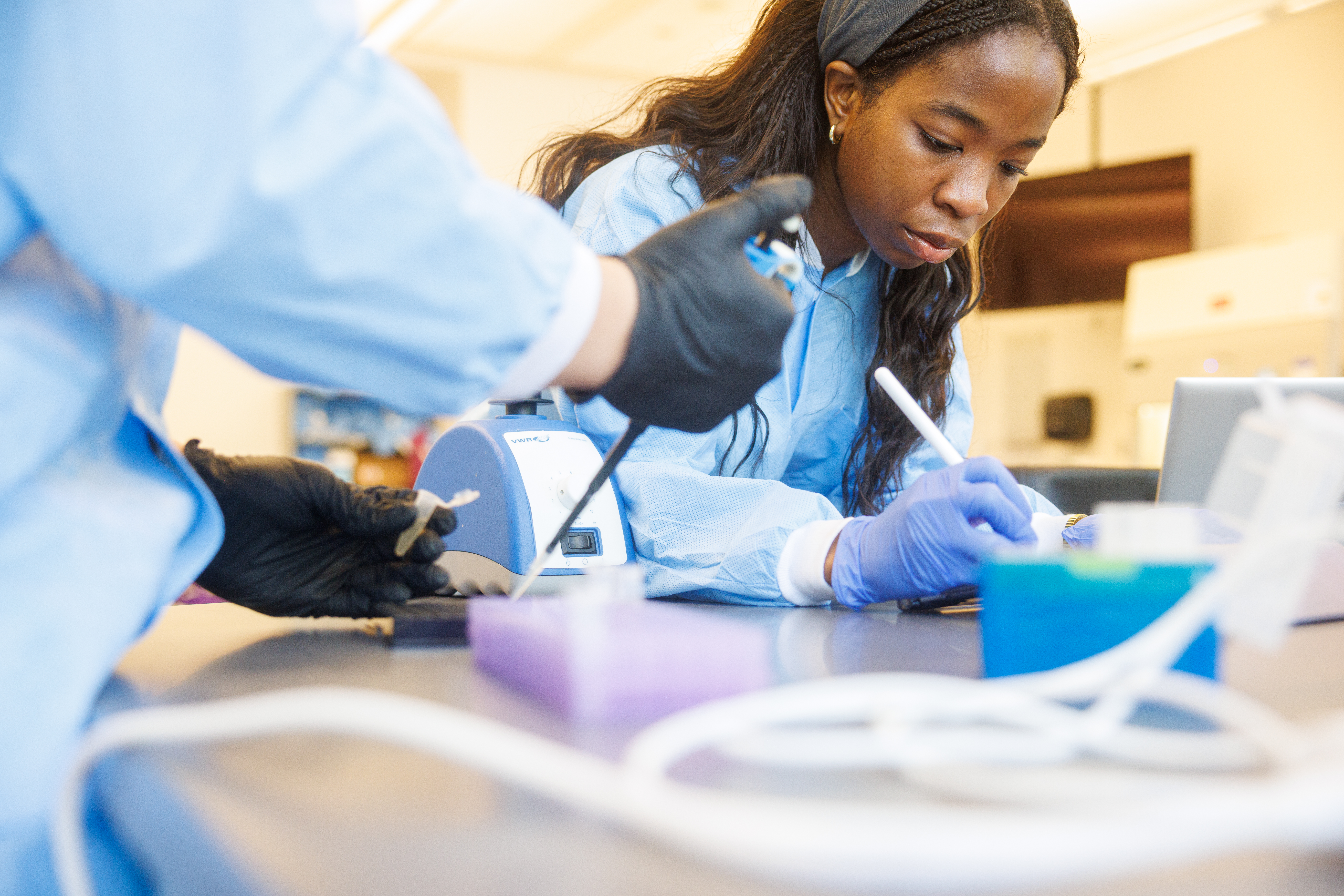 Two students work together in a laboratory at UMBC.