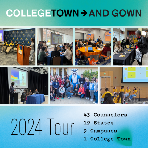 Graphic of a wrap-up image for the Collegetown and Gown 2024 Tour. The text reads: "43 counselors, 19 states, 9 campuses, 1 college town".